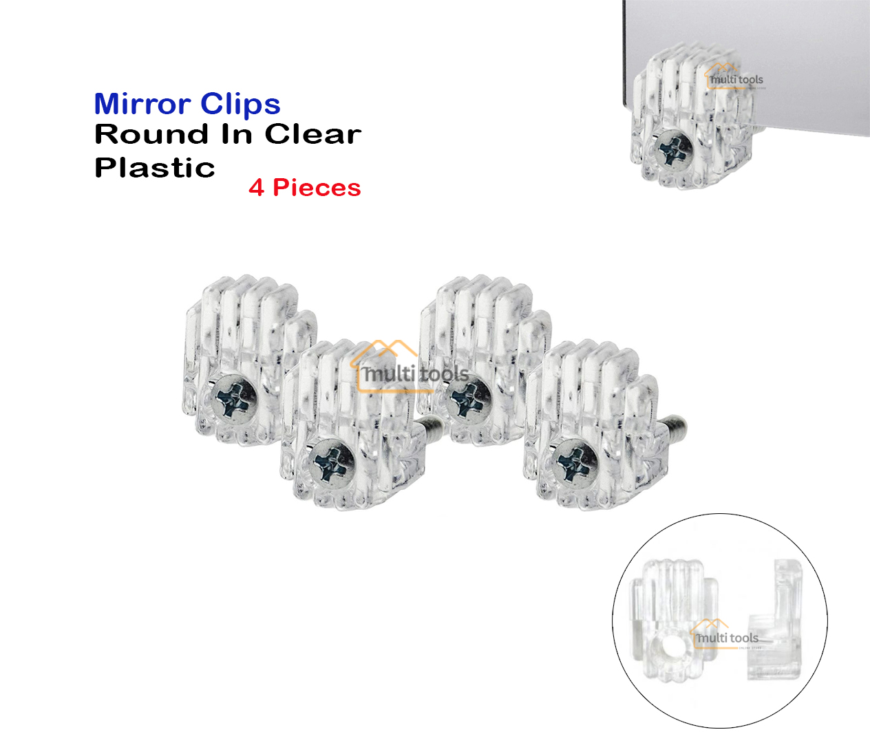 4 Pcs Mirror Clips Round In Clear Plastic